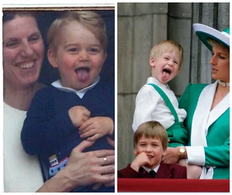 Young children stick their tongues out while held by women smiling, one in green and white attire.