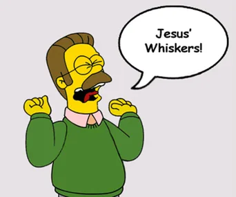 Animated character raising fists, exclaiming "Jesus' Whiskers!" with eyes closed, wearing glasses and a green sweater.