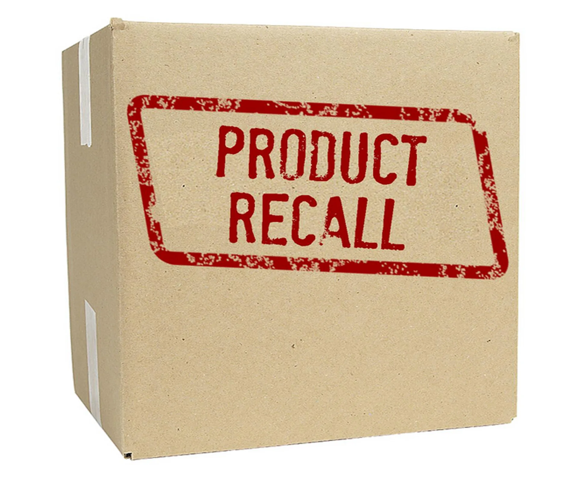 Cardboard box with "Product Recall" stamped in red.