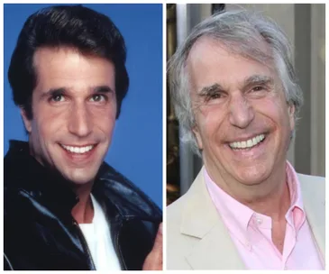 Side-by-side portraits of a man, young in leather jacket and older in a suit, both smiling.