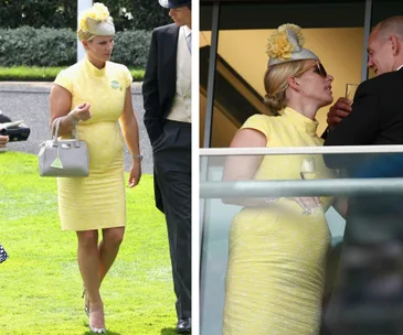 Woman in yellow dress and hat at outdoor event, holding a drink and talking to others.