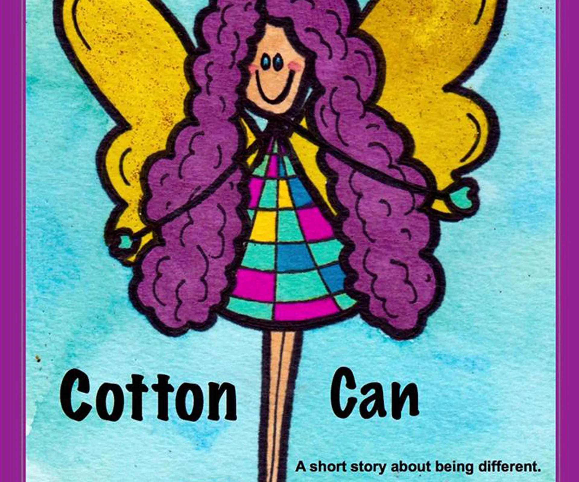 Cartoon fairy with purple hair and yellow wings, wearing a colorful checkered dress. Text: "Cotton Can."
