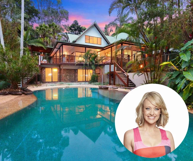 "Elegant Byron Bay mansion with pool at dusk, inset of a smiling woman with blonde hair."