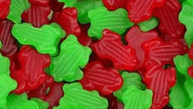 Red and green gummy frogs, popular Allen's lollies.