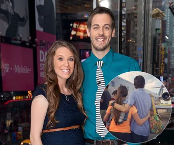 ```html
<img src="https://www.etonline.com/sites/default/files/styles/1920xh/public/images/2023-09/GettyImages-484473053.jpg?itok=kEMOprKw" alt="A smiling couple poses in an urban setting, inset shows a couple embracing near a plane." />
```