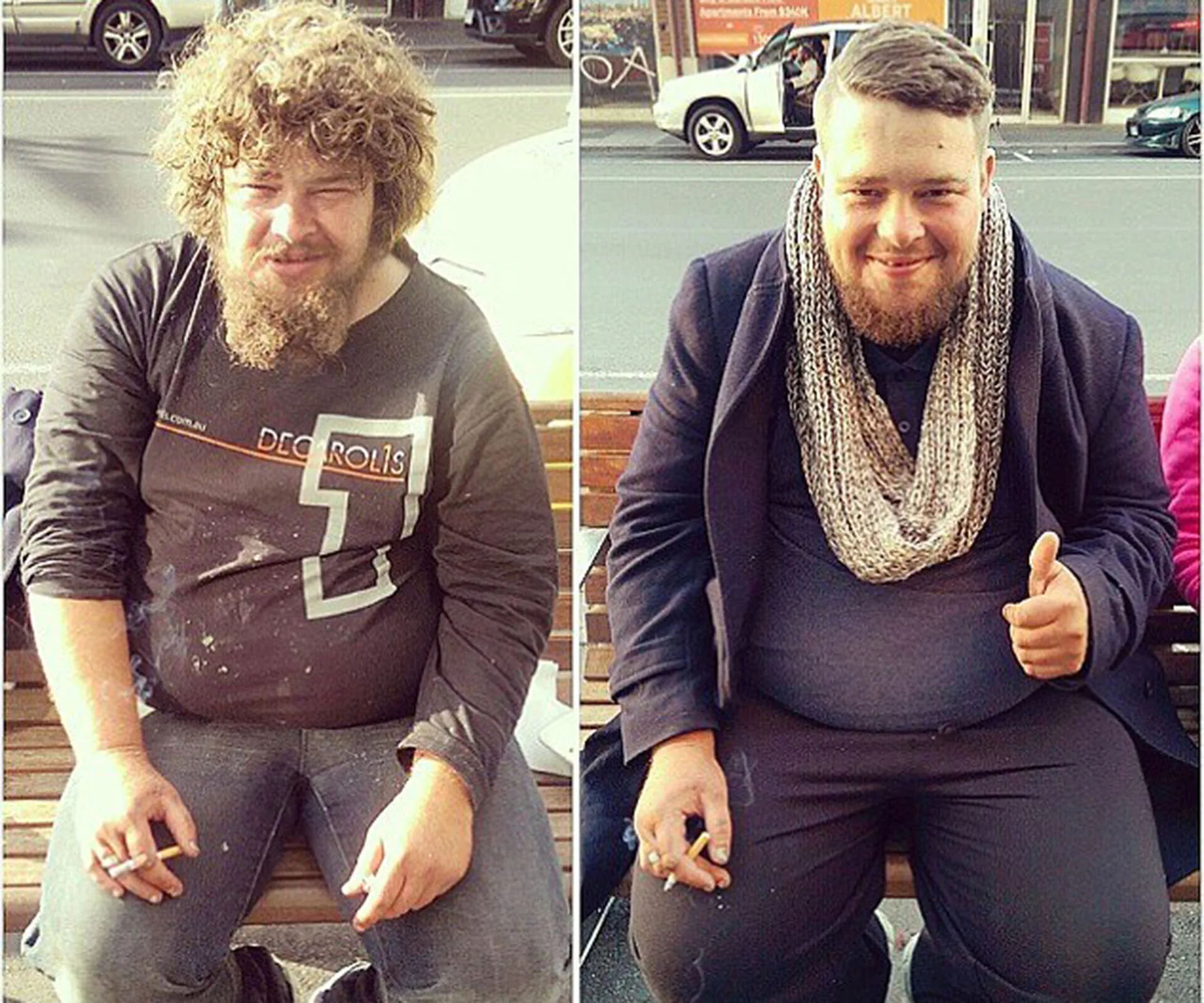 Before and after: A man with untidy hair and facial hair on the left, transformed with a haircut and styled look on the right.