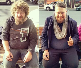 Before and after: A man with untidy hair and facial hair on the left, transformed with a haircut and styled look on the right.