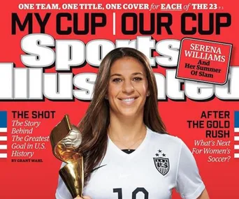 "Cover of Sports Illustrated featuring U.S. soccer player holding trophy, headline: My Cup Our Cup."