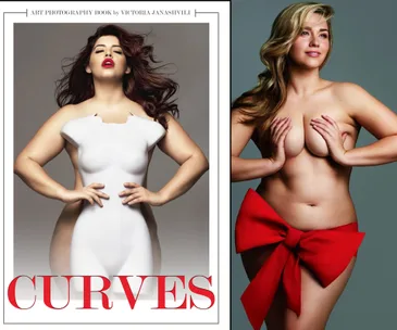 Photographer Victoria Janashvili's book cover with two diverse curvy models, one in a white silhouette, another with a red bow.