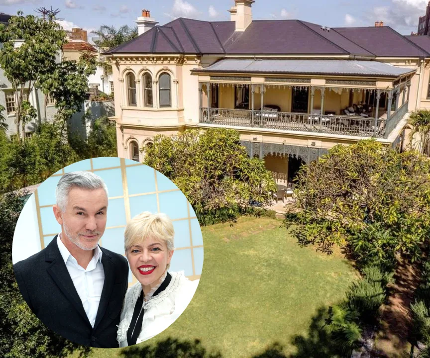 Sydney mansion with lush garden, balcony; inset of couple smiling.