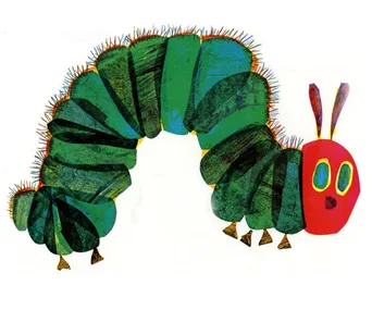 Illustration of a green caterpillar with a red head from "The Very Hungry Caterpillar" by Eric Carle.