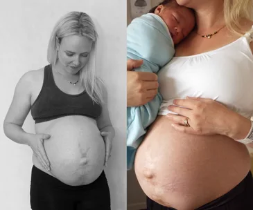 Pregnant woman in sports bra holding belly (left) and same woman post-pregnancy holding newborn wrapped in a blanket (right).