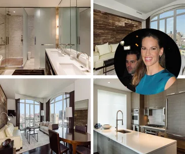 Hilary Swank's NYC apartment features elegant interiors: modern bathroom, cozy living room, and sleek kitchen.