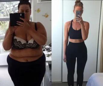 Woman's weight loss transformation, from heavier to fit in before-after mirror selfies.
