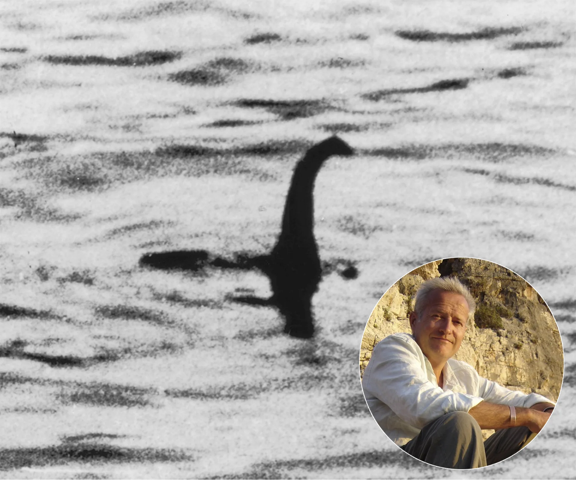 Loch Ness Monster silhouette with a man's portrait inset at bottom right corner.