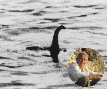 Loch Ness Monster silhouette with a man's portrait inset at bottom right corner.