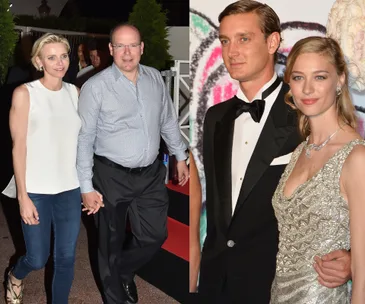 Royal couples at an event, one pair casually dressed and the other in formal attire.