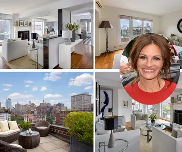 "Spacious NYC apartment interior and terrace with city view, featuring bright decor and cozy seating areas."