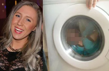 A woman smiling next to an image of a child inside a washing machine with their face pixelated.