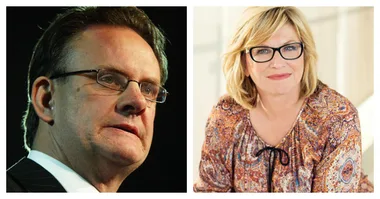 Two individuals are seen in side-by-side portraits, one wearing a suit, the other in a patterned blouse with glasses.