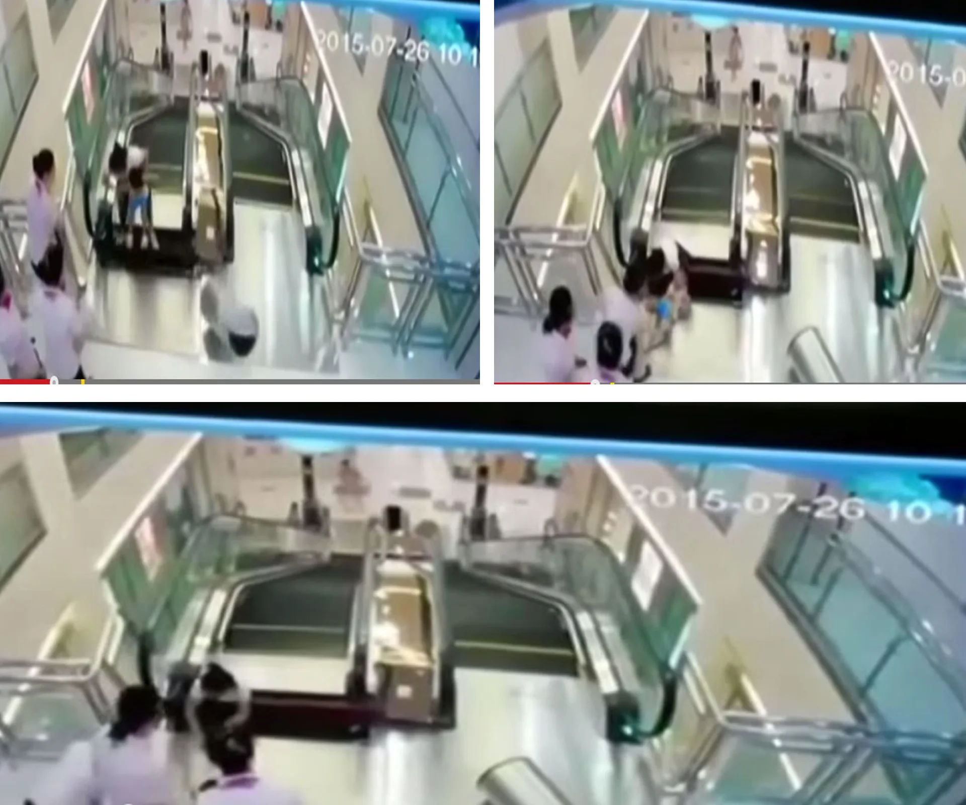 Security footage shows a woman rescuing a child on an escalator before a collapse, with bystanders rushing to assist.