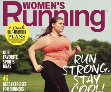 Curvy model running in athletic wear on Women's Running magazine cover, promoting fitness and body diversity.