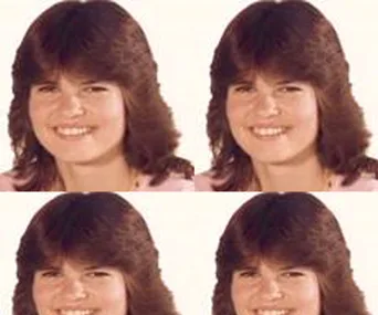 Portrait of a smiling young person with medium-length dark hair; image is repeated four times.