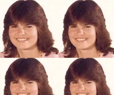 Portrait of a smiling young person with medium-length dark hair; image is repeated four times.