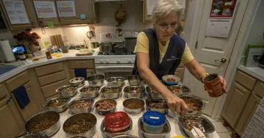 Woman in kitchen prepares numerous pet food bowls on counter for elderly animals.