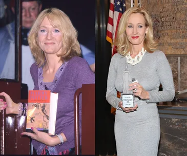 "Two images of a woman; one holding a 'Harry Potter' book, another with a trophy in front of an American flag."