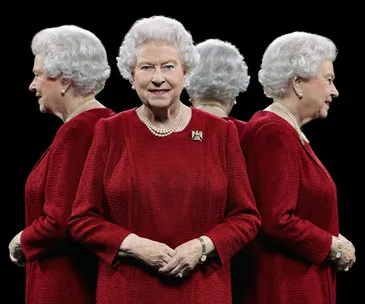 Four mirrored images of an elderly woman in a red dress and pearl necklace, posing with a slight smile.