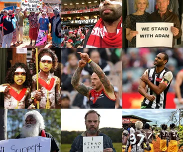 Fans and celebrities display support for Adam Goodes, holding signs and wearing themed outfits at various events.