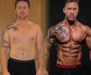 "Man's impressive body transformation in 12 weeks, muscular and defined physique with tribal tattoos."