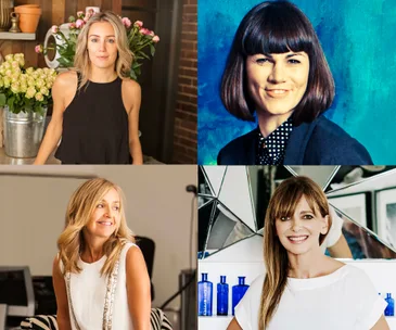 Four women featured, each in separate indoor settings, showcasing unique hairstyles and outfits.