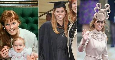 Princess Beatrice through the years: baby with mother, graduation in gown, and adult waving in stylish hat.