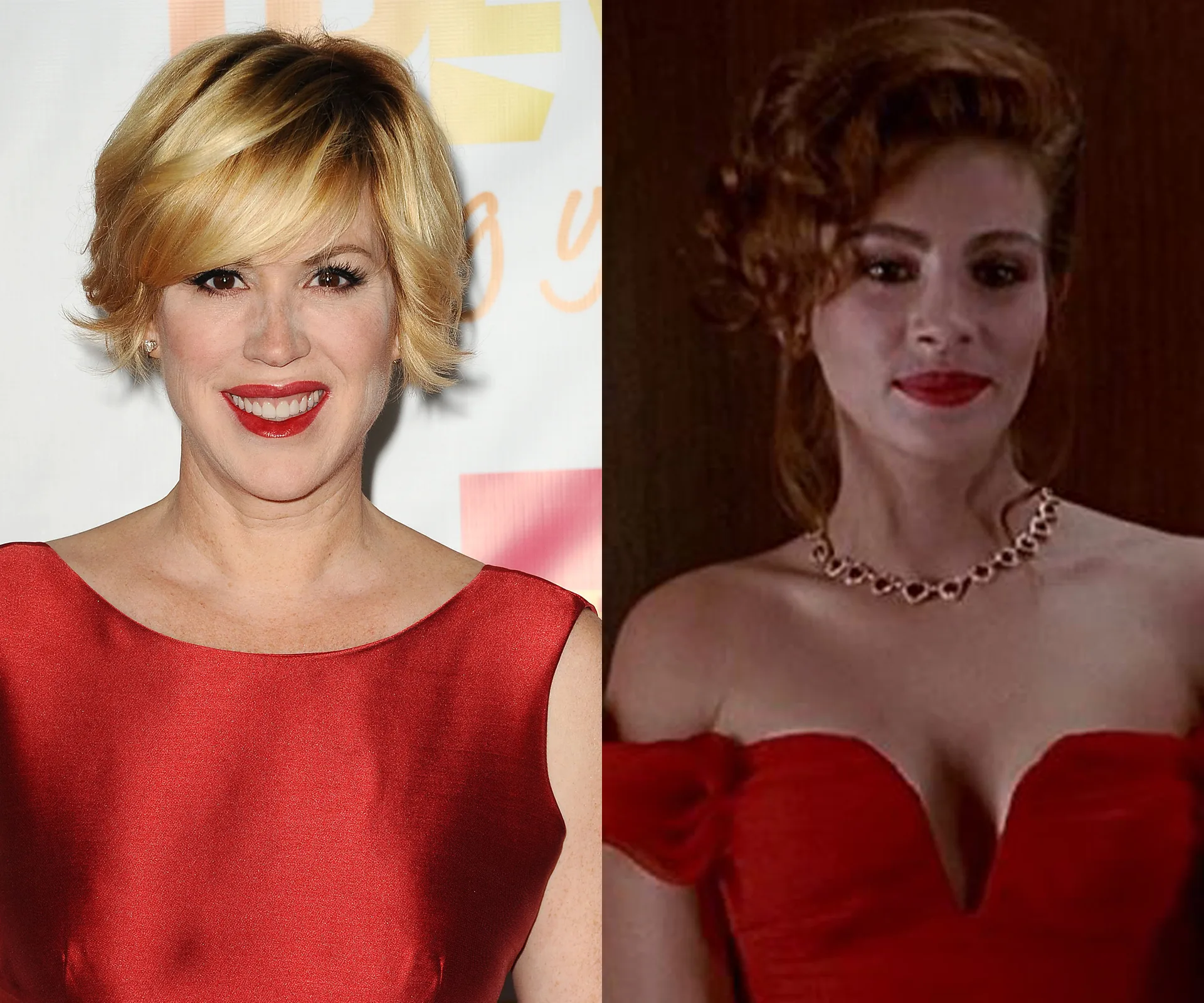 Blonde woman in a red dress next to a brunette in a red gown with a necklace, likely related to a famous movie role discussion.