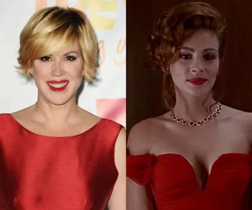 Blonde woman in a red dress next to a brunette in a red gown with a necklace, likely related to a famous movie role discussion.