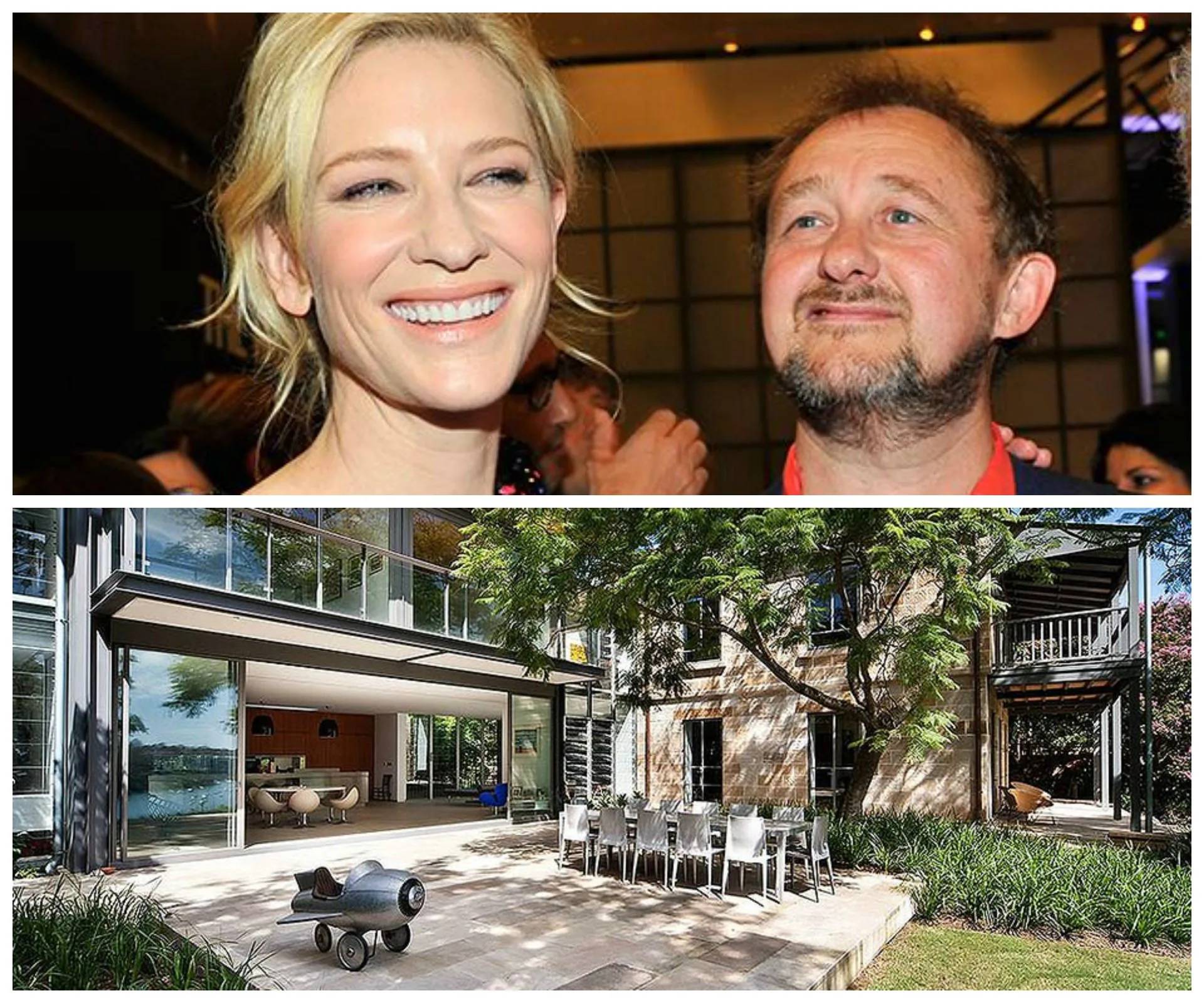 "Smiling person at event and exterior view of modern house with large patio and outdoor seating area."