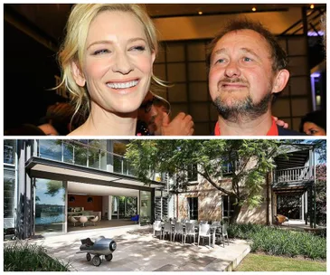 "Smiling person at event and exterior view of modern house with large patio and outdoor seating area."