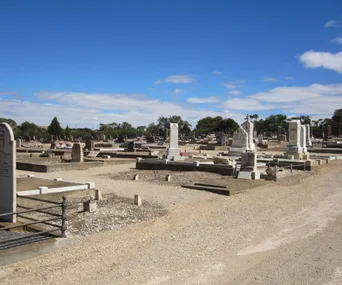 Gravestones under a clear blue sky in a rural cemetery, with scattered headstones and shrubs in the background.