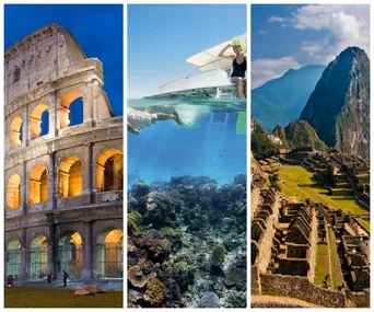 Colosseum at dusk, snorkeling in clear waters, and Machu Picchu with mountains in the background.