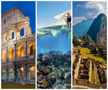 Colosseum at dusk, snorkeling in clear waters, and Machu Picchu with mountains in the background.