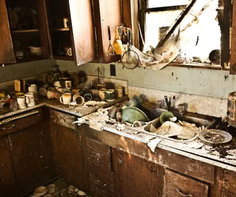 A cluttered, dirty kitchen with unwashed dishes and trash scattered across surfaces.