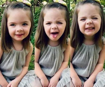 Three images of a young girl with brown hair, wearing a grey dress, showing different facial expressions.