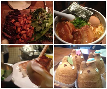 Collage of Tokyo foods: steak with fries, ramen, gyoza, and Totoro-themed desserts.