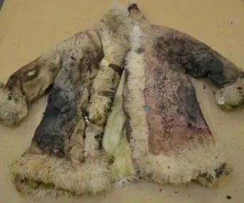Old, weathered fur coat with intricate embroidery, lying flat on a surface, showing signs of decay and wear.