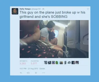 A tweet showing a couple on a plane with the woman crying and the man sitting next to her.