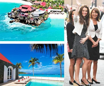 Tropical resort, ocean view, three women smiling and waving, palm trees, clear blue sky, luxury vacation destination.