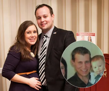 A smiling couple poses indoors with a circular inset showing a man holding a baby.