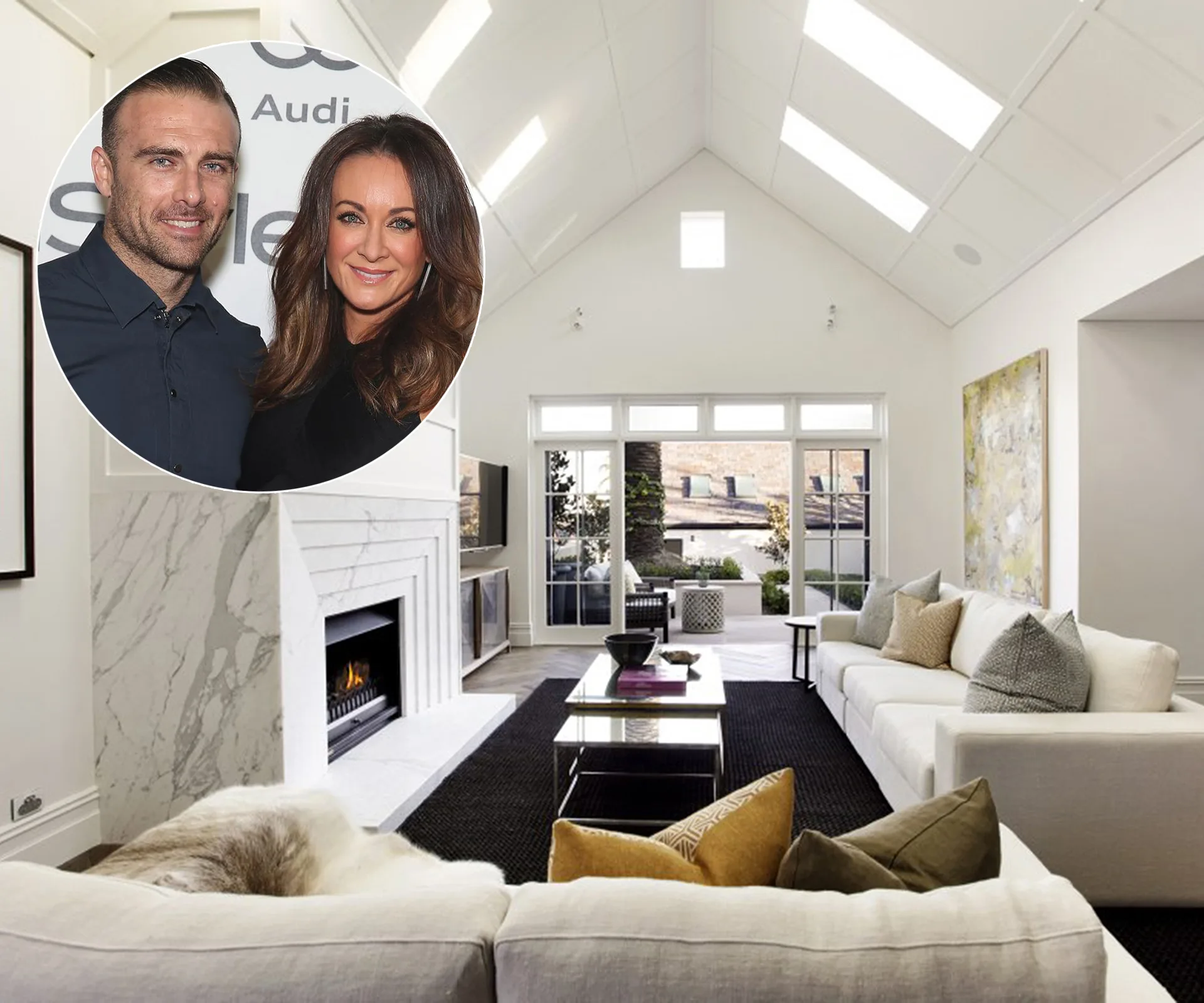 Spacious living room with high ceiling, modern decor, large windows, and inset: two people smiling at an event.